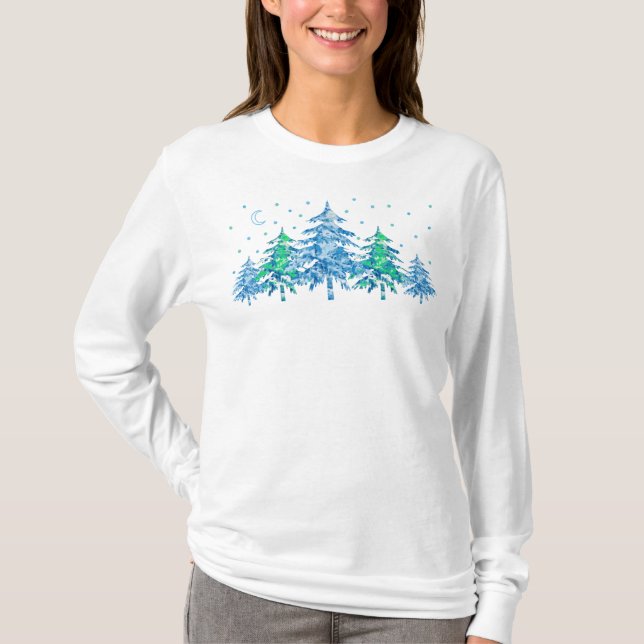 Blue Green Pine Tree Winter Forest Christmas  T-Shirt (Front)