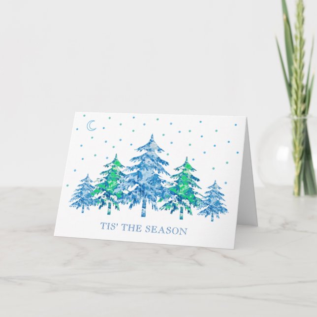 Blue Green Pine Tree Winter T'is the Season Xmas Card (Front)