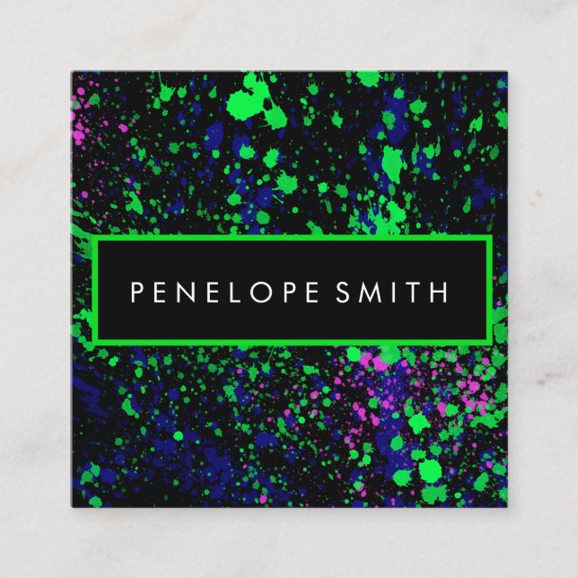 Blue Green Pink Black Paint Splatter Makeup Artist Square Business Card (Front)
