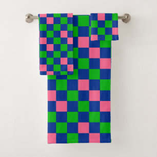 Blue Green Pink Checkered Pattern Design Bath Towel Set
