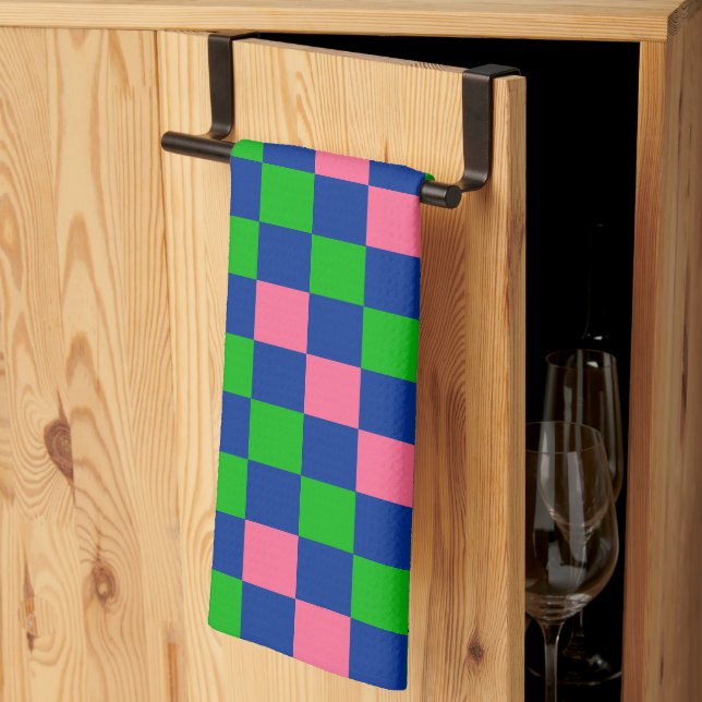 Blue Green Pink Checkered Pattern Design  Kitchen Towel (Thirds Fold)