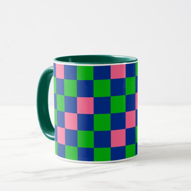 Blue Green Pink Checkered Pattern Design  Mug (Front Left)
