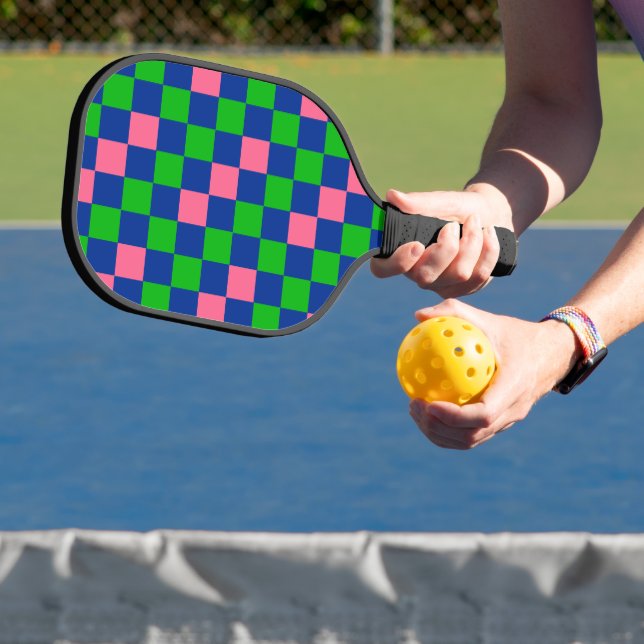 Blue Green Pink Checkered Pattern Design  Pickleball Paddle (Insitu)