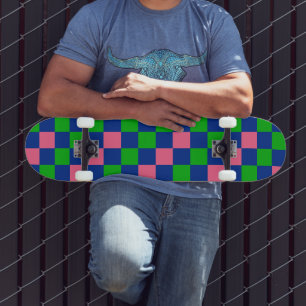 Blue Green Pink Checkered Pattern Design Skateboard
