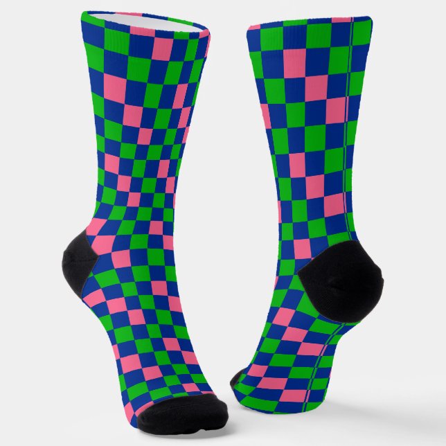 Blue Green Pink Checkered Pattern Design  Socks (Angled)