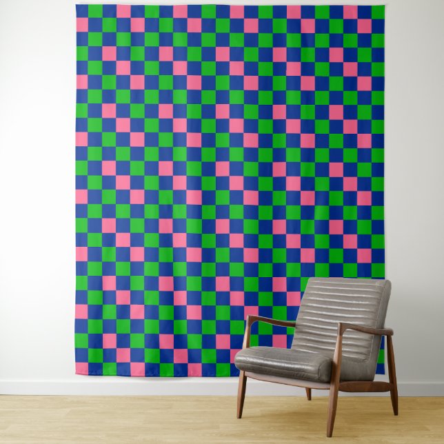 Blue Green Pink Checkered Pattern Design  Tapestry (In Situ)