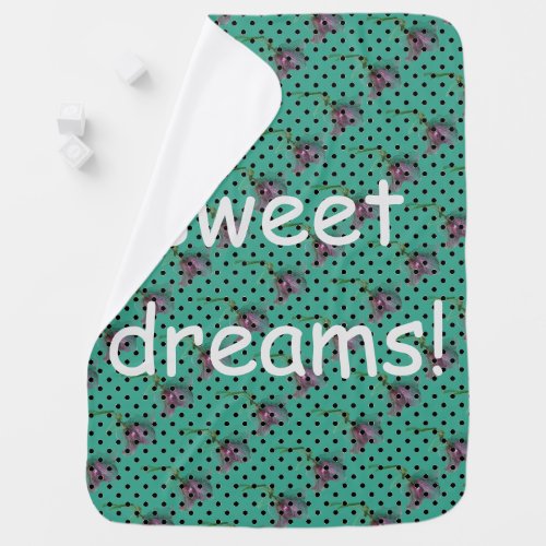 Blue green pink flowers and black polka dots baby blanket