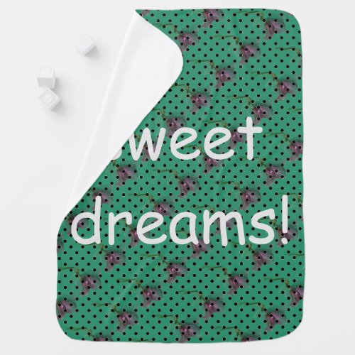 Blue green pink flowers and black polka dots receiving blanket