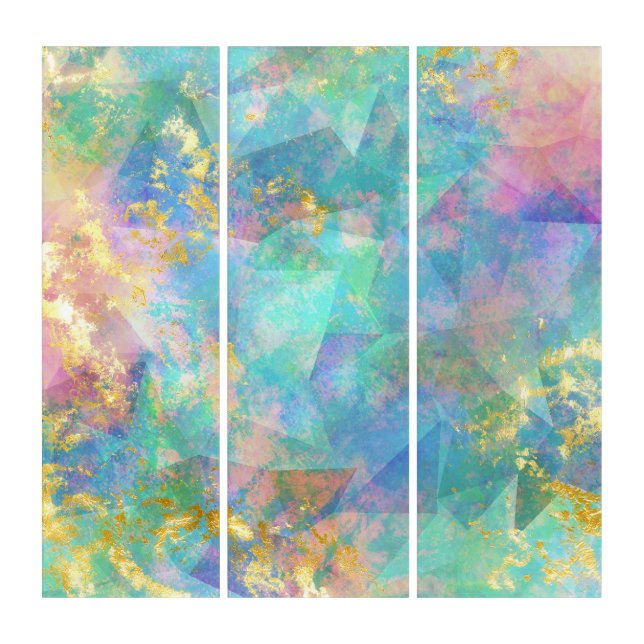 Blue Green Pink Gold Abstract 3 Panel Triptych (Front)