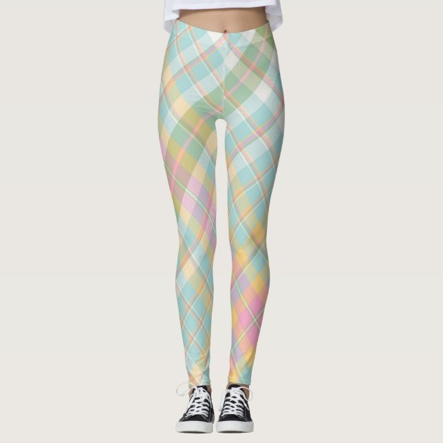 Blue, Green, Pink & Golden Plaid Pattern Leggings (Front)