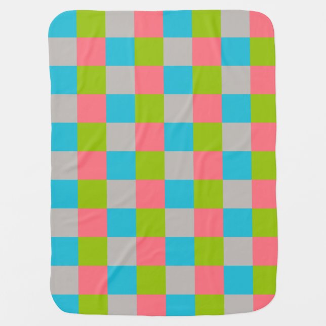 Blue Green Pink Gray Checkerboard Swaddle Blanket (Front)