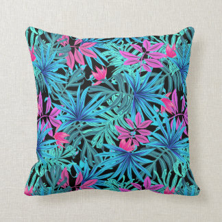 Blue Green Pink Leaves Colorful Tropical Throw Pillow