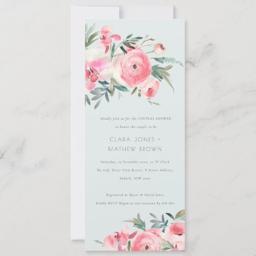 Blue Green Pink Rose Orchid Floral Couples Shower Invitation