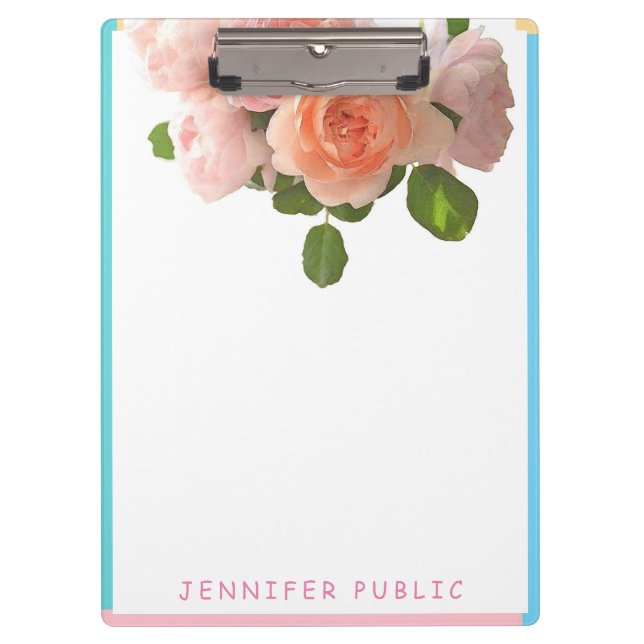 Blue Green Pink Yellow Watercolor Floral Template Clipboard (Front)