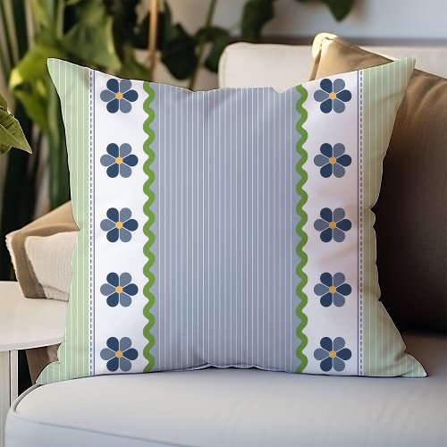 Blue Green Pinstripe Floral Throw Pillow