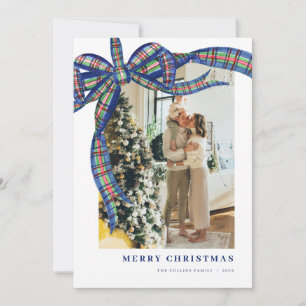 Blue Green Plaid Bow Christmas Photo Holiday Card