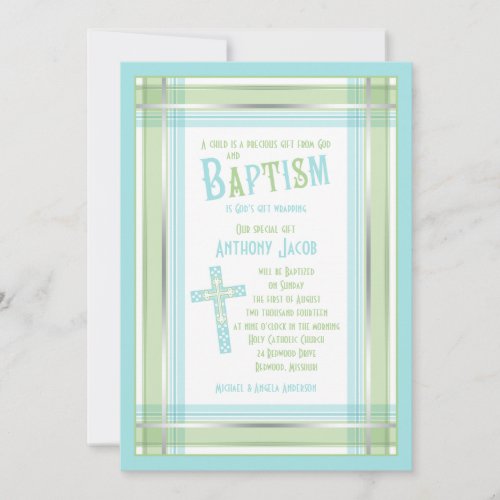 Blue Green Plaid Cross Catholic Baptism Invitation