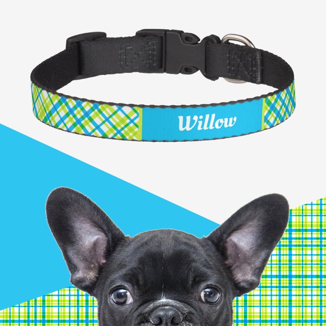 Blue green Plaid Pattern Custom name Elegant Pet Collar (Creator Uploaded)