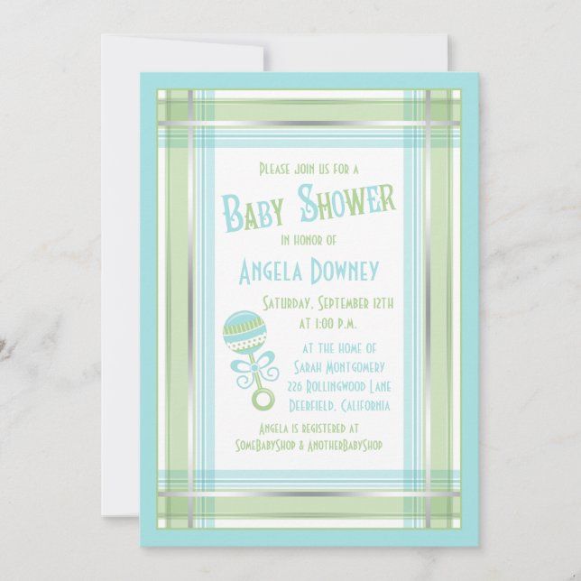 Blue Green Plaid Rattle Baby Shower Invitation (Front)