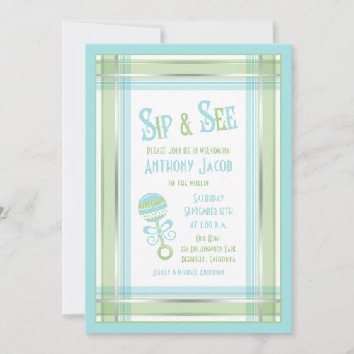 Blue Green Plaid Rattle Baby Shower Sip and See Invitation