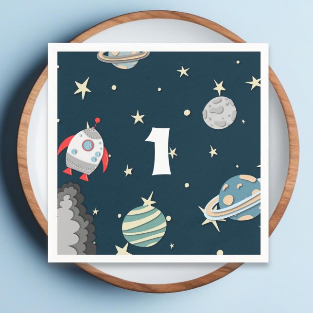 Blue Green Planets Rocket Ship Boy First Birthday Napkins (Creator Uploaded)