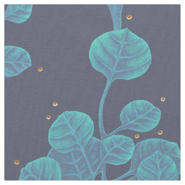 Blue Green Plant Pattern Pen Drawing Fabric (Close Up)