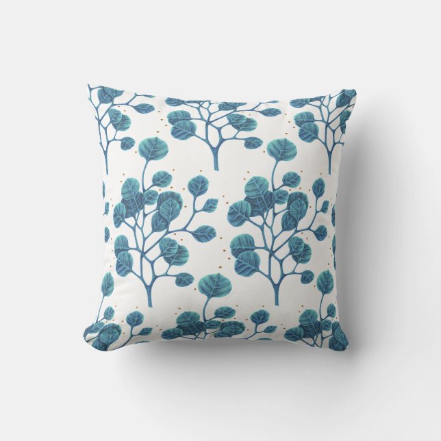 Blue Green Plant Pattern Pen Drawing Throw Pillow (Front)