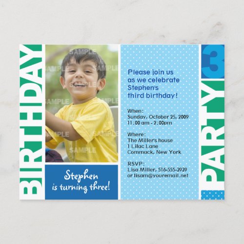 Blue Green Polka Dot 3rd Birthday Invitation