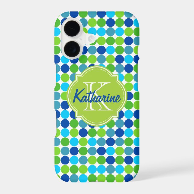 Blue Green Polka Dot Monogram Name Case-Mate iPhone Case (Back)