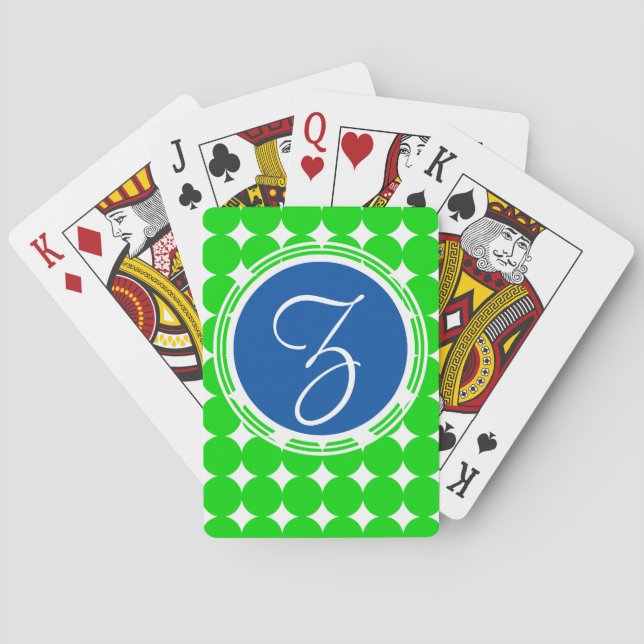 Blue & Green Polka Dot Monogram Poker Cards (Back)