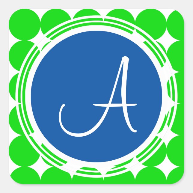 Blue & Green Polka Dot Monogram Square Sticker (Front)