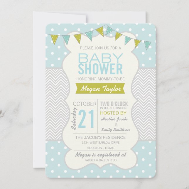 Blue Green Polka Dots and Chevron Baby Shower Invitation (Front)