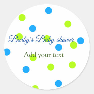 Blue green polka dots baby shower add name text classic round sticker