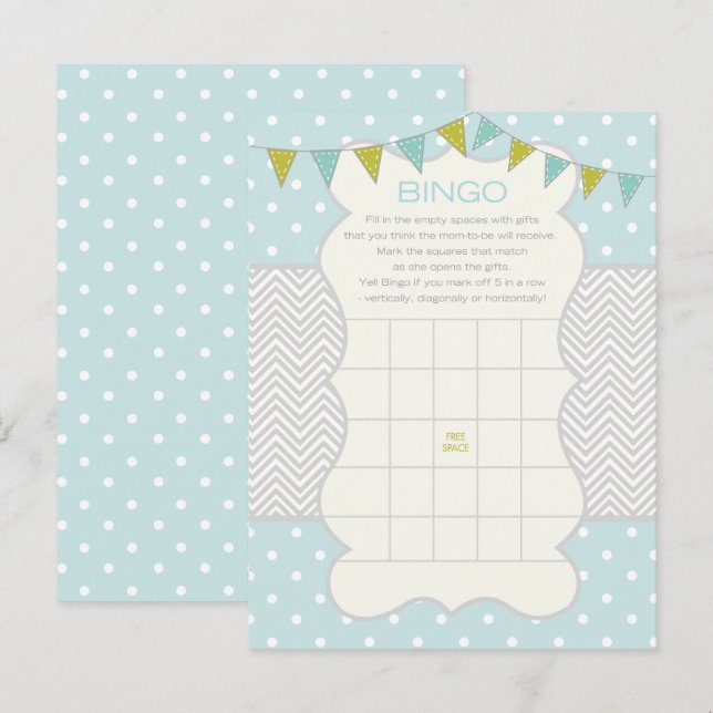 Blue Green Polka Dots Baby Shower Bingo Game Card (Front/Back)
