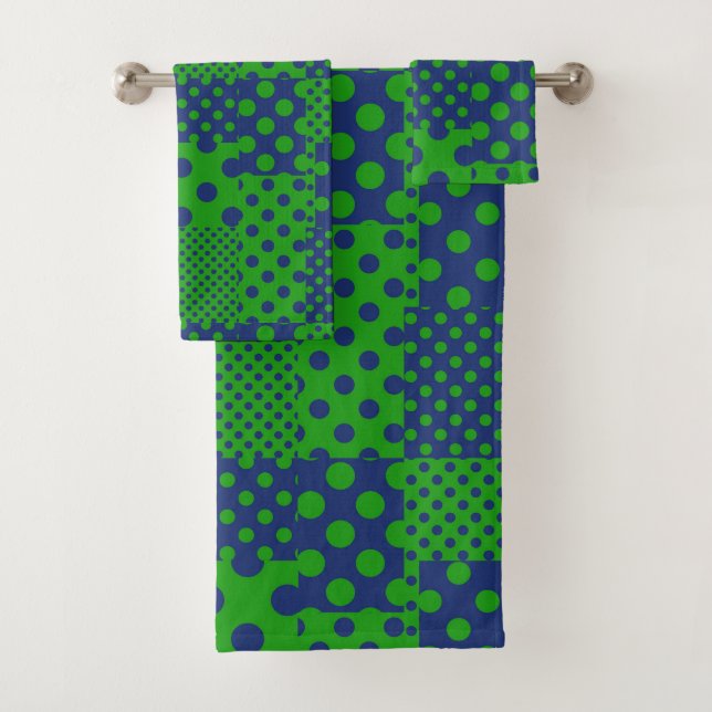 Blue Green Polka Dots Patchwork  Bath Towel Set (Insitu)