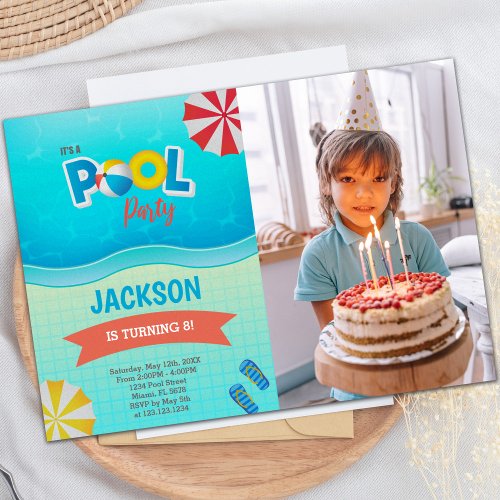 Blue Green Pool Birthday Invitations with photo