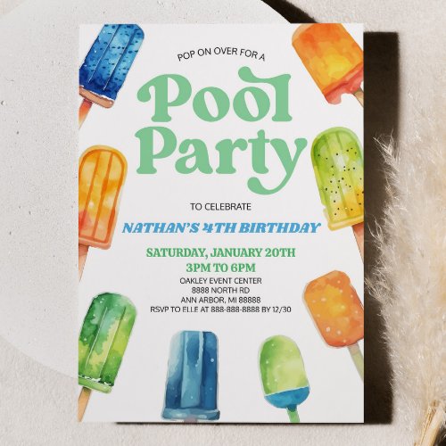 Blue Green Pool Party Popsicle Birthday Party Invitation