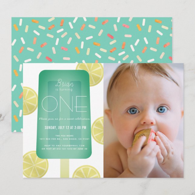 Blue Green Popsicle Boy Photo 1st Birthday Invitation (Front/Back)