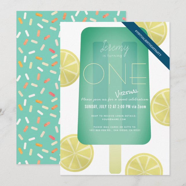 Blue Green Popsicle Boy Virtual 1st Birthday Invitation (Front/Back)
