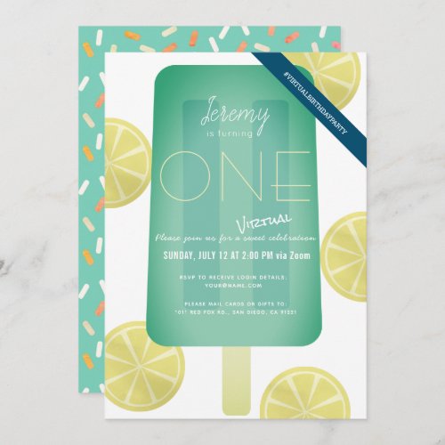 Blue Green Popsicle Boy Virtual 1st Birthday Invitation