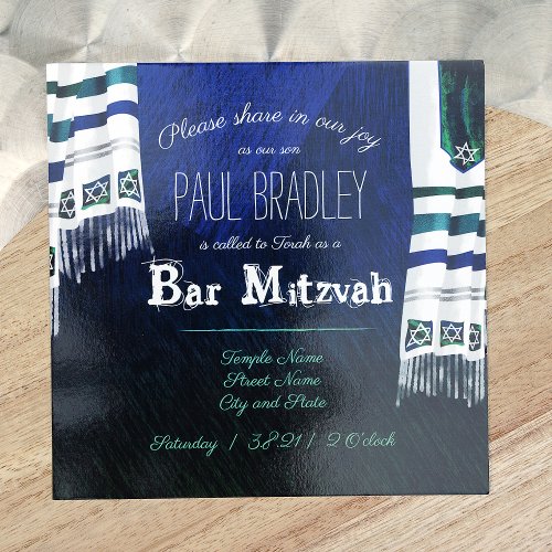 Blue Green Prayer Shawl Bar Mitzvah Invitation