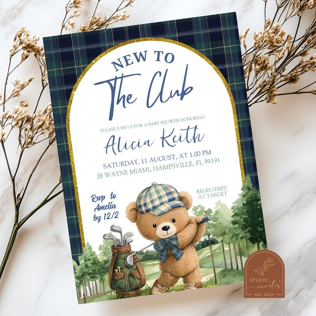 Blue Green Preppy Golf Bear Baby Shower Invitation (Creator Uploaded)