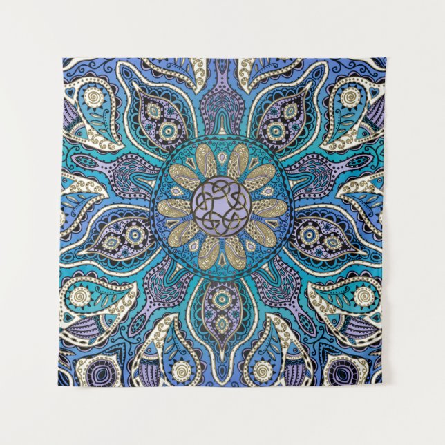 Blue Green Purple Celtic Mandala Wall Tapestry (Front)