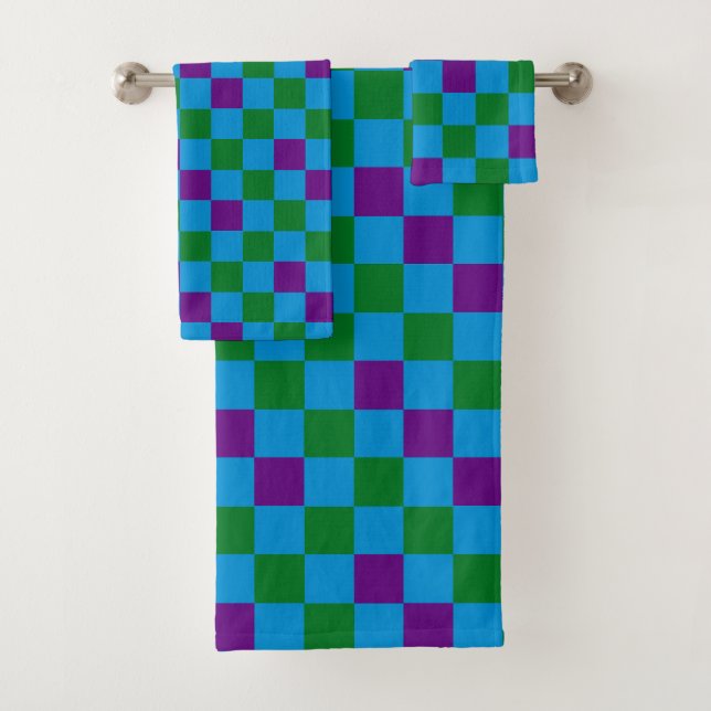 Blue Green Purple Checkered Pattern Design  Bath Towel Set (Insitu)