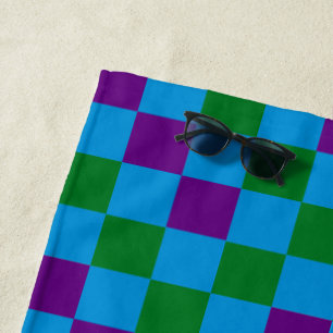 Blue Green Purple Checkered Pattern Design Beach Towel