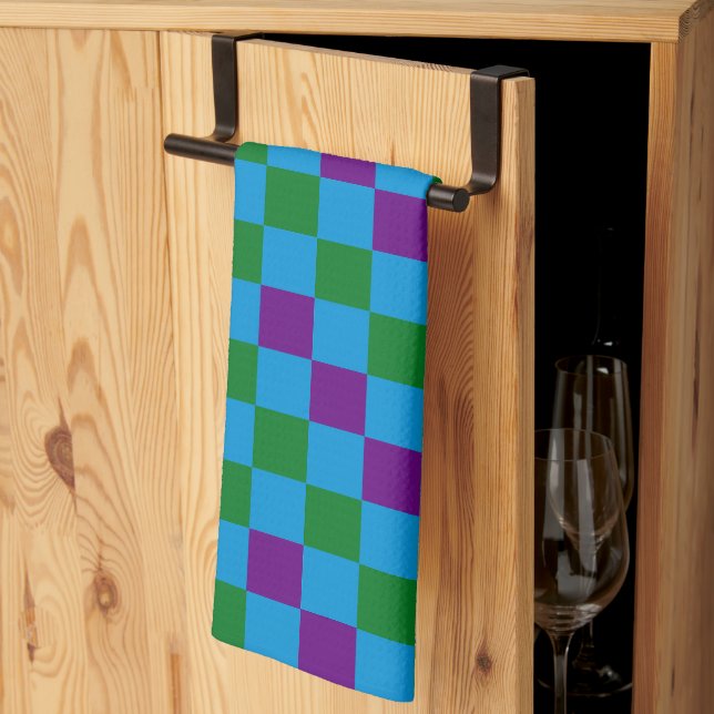 Blue Green Purple Checkered Pattern Design  Kitchen Towel (Thirds Fold)