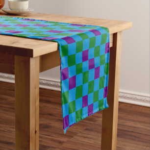 Blue Green Purple Checkered Pattern Design Short Table Runner