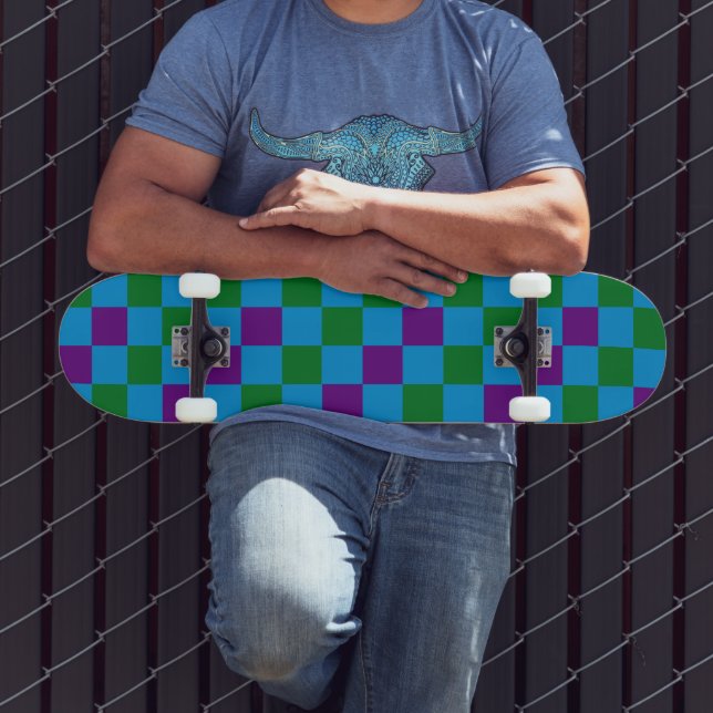 Blue Green Purple Checkered Pattern Design  Skateboard (Outdoor 3)