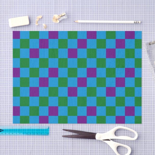 Blue Green Purple Checkered Pattern Design  Tissue Paper (Craft)