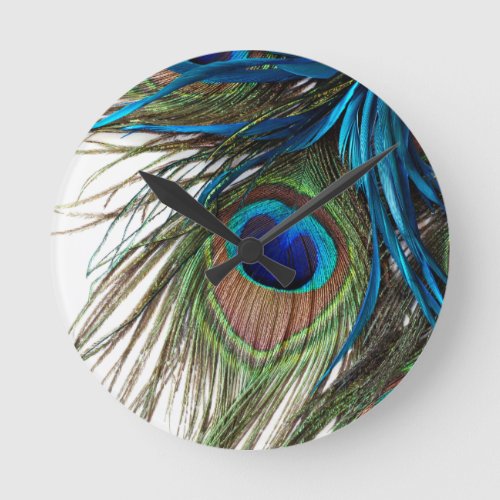 Blue Green Purple Exotic Peacock Feather Round Clock